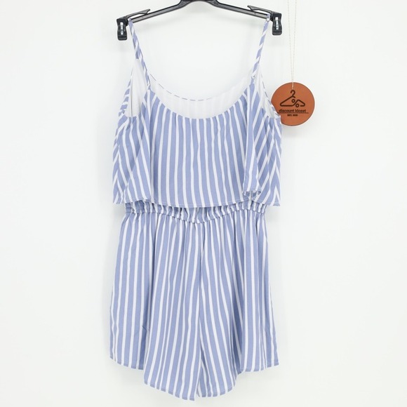Abercrombie Fitch Blue White Striped Cami Romper Ruffle Tiered Waist Medium NWOT - Picture 4 of 7